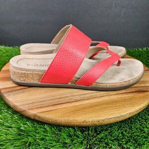 Vionic Marvina Red Orthotic Toe Post Sandals Cork Wedges Leather Womens Size 8.5